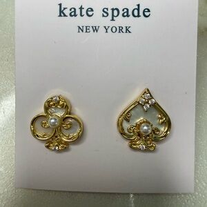 Kate Spade NY Playing Card Stud Earrings Gold Tone Pearl Crystal NWT